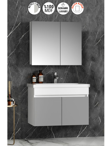 Çiğdem 80 cm Beyaz-İnox Balon MDF Seramik Lavabolu Asma Banyo Dolabı Takımı