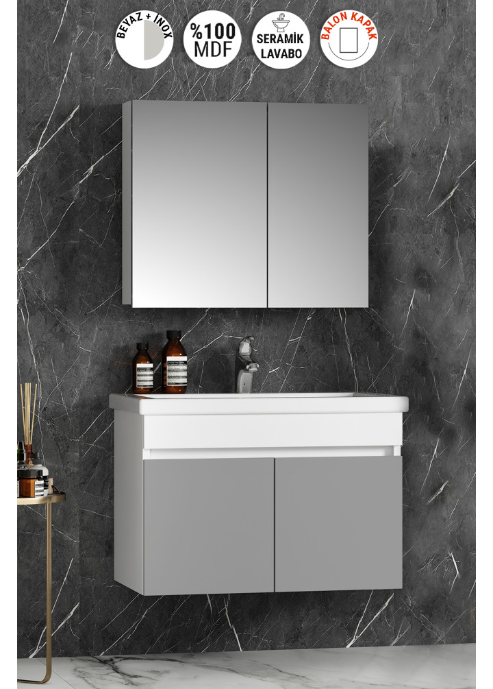 Çiğdem 80 cm Beyaz-İnox Balon MDF Seramik Lavabolu Asma Banyo Dolabı Takımı