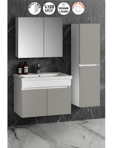 Çiğdem 80+35 cm Beyaz-İnox Balon MDF Seramik Lavabolu Sepetli Asma Banyo Dolabı Takımı