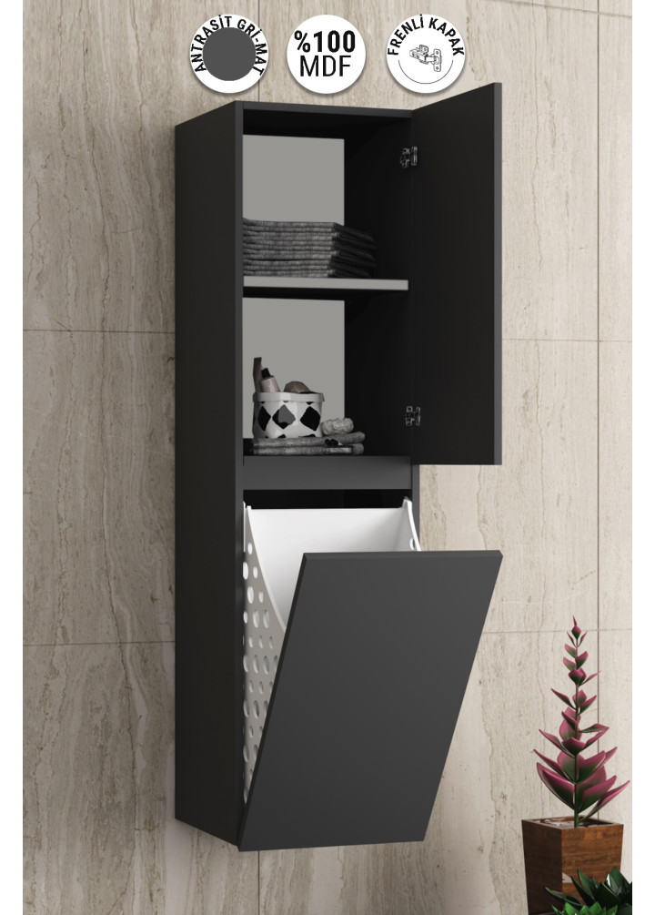 35*130 CM YILDIZ ASMA BOY DOLABI KOMPLE ANTRASİT GRİ MAT SEPETLİ