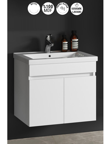 Çiğdem 65 cm Beyaz MDF Seramik Lavabolu Asma Banyo Alt Dolabı