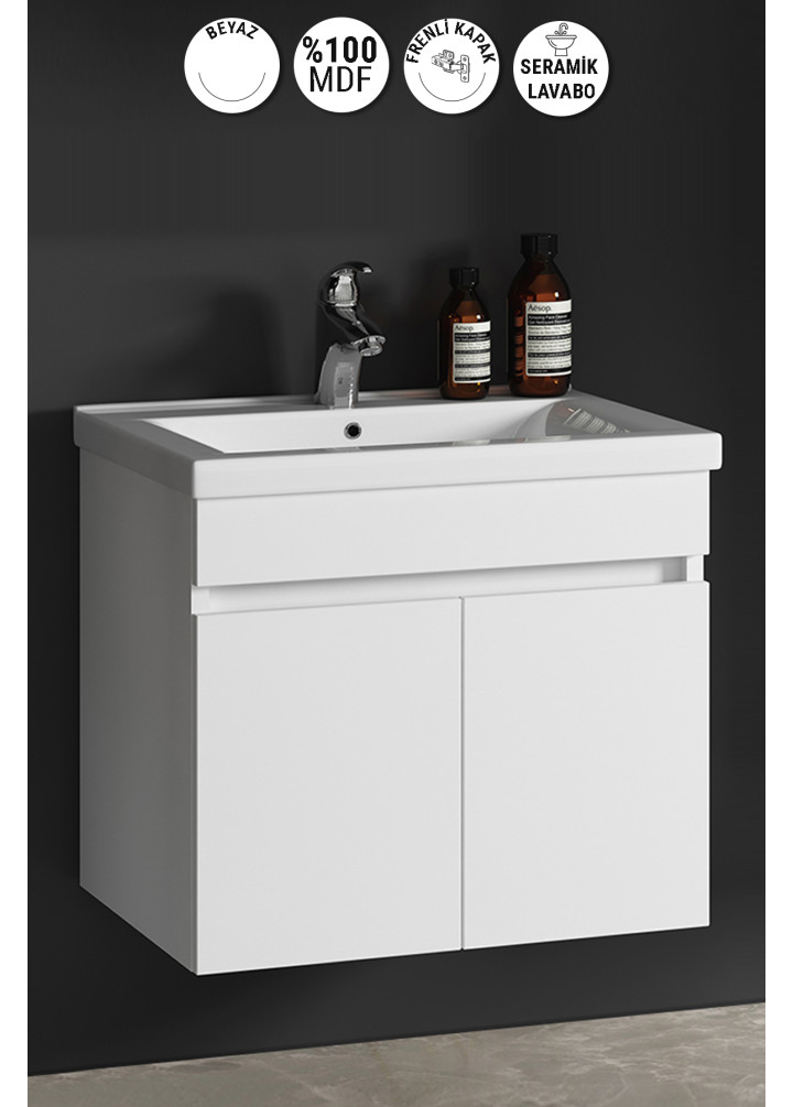 Çiğdem 65 cm Beyaz MDF Seramik Lavabolu Asma Banyo Alt Dolabı
