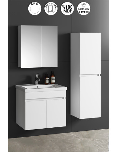 Çiğdem 55+35 cm Beyaz MDF Seramik Lavabolu Asma Banyo Dolabı Takımı