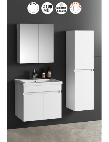 Çiğdem 55+35 cm Beyaz Balon MDF Seramik Lavabolu Asma Banyo Dolabı Takımı