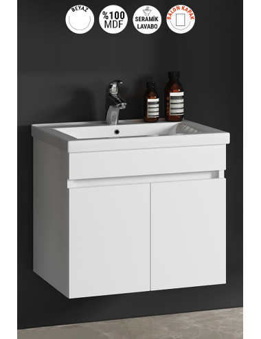 Çiğdem 55 cm Beyaz Balon MDF Seramik Lavabolu Asma Banyo Alt Dolabı