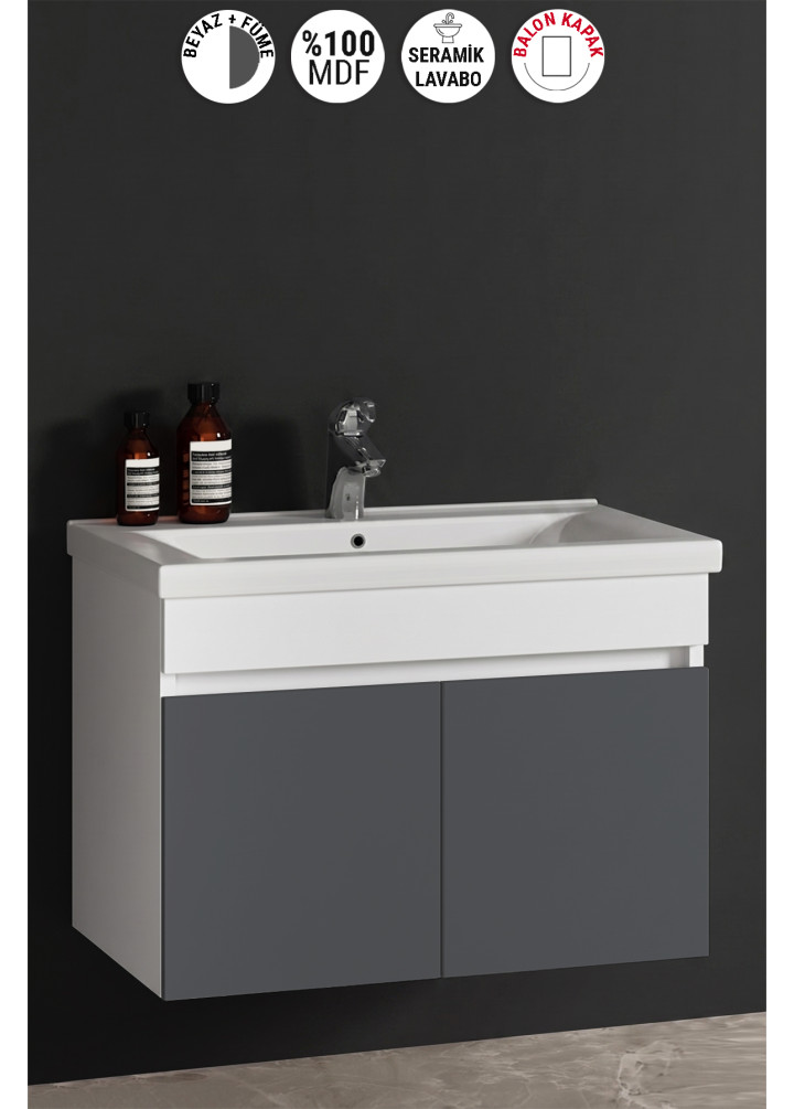Çiğdem 80 cm Beyaz-Füme Balon MDF Seramik Lavabolu Asma Banyo Alt Dolabı