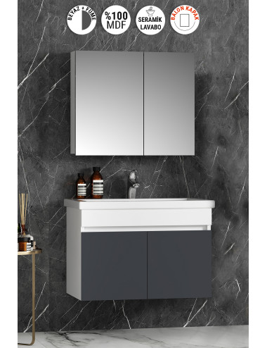 Çiğdem 80 cm Beyaz-Füme Balon MDF Seramik Lavabolu Asma Banyo Dolabı Takımı