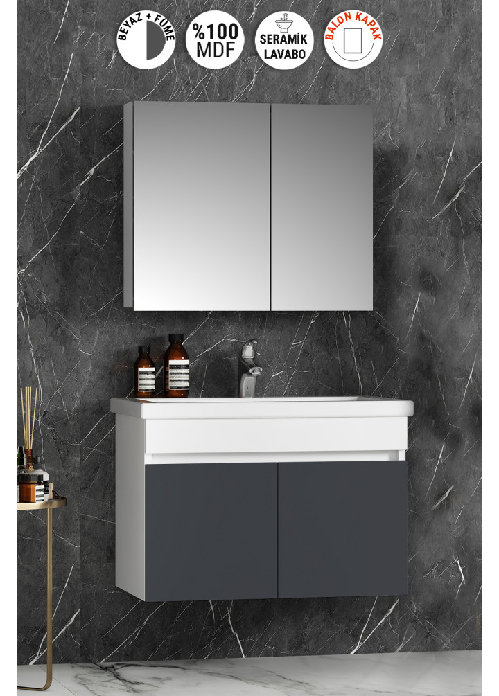 Çiğdem 80 cm Beyaz-Füme Balon MDF Seramik Lavabolu Asma Banyo Dolabı Takımı