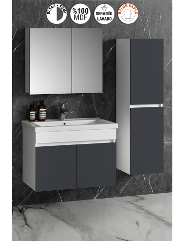Çiğdem 80+35 cm Beyaz-Füme Balon MDF Seramik Lavabolu Sepetli Asma Banyo Dolabı Takımı