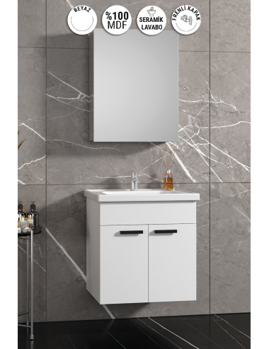 Çiğdem 55 cm Beyaz MDF Kulplu Seramik Lavabolu Asma Banyo Dolabı Takımı
