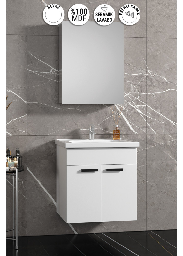 Çiğdem 55 cm Beyaz MDF Kulplu Seramik Lavabolu Asma Banyo Dolabı Takımı
