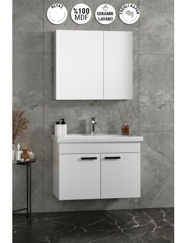 Çiğdem 80 cm Beyaz MDF Kulplu Seramik Lavabolu Asma Banyo Dolabı Takımı