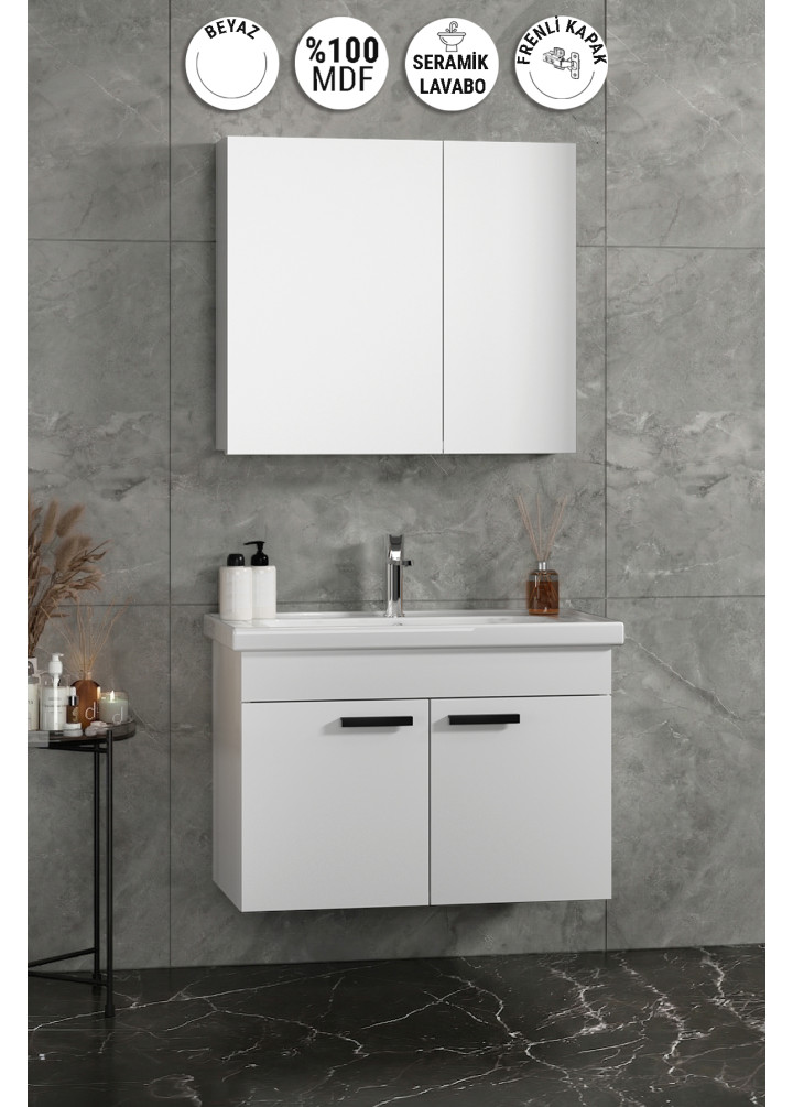 Çiğdem 80 cm Beyaz MDF Kulplu Seramik Lavabolu Asma Banyo Dolabı Takımı