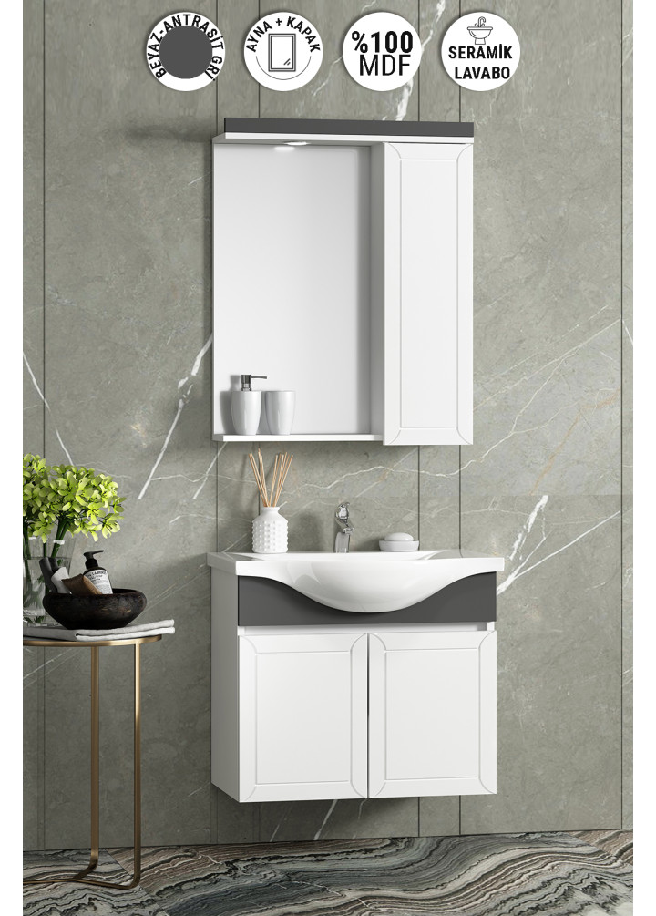 Lilyum 55 cm Beyaz-Antrasit Gri Mat MDF Pk-109 Balon Kapak Seramik Lavabolu Asma Banyo Dolabı Takımı