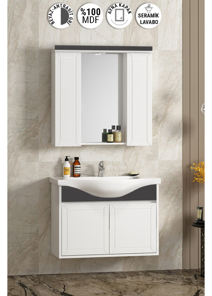 Lilyum 80 cm Beyaz-Antrasit Gri Mat MDF PK-109 Balon Kapak Seramik Lavabolu Asma Banyo Dolabı Takımı