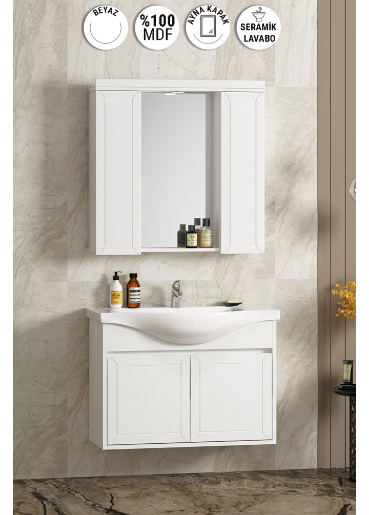 Lilyum 80 cm Beyaz MDF PK-109 Balon Kapak Seramik Lavabolu Asma Banyo Dolabı Takımı