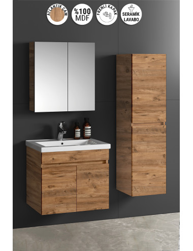 Çiğdem 65+35 cm Atlantik Çam MDF Seramik Lavabolu Sepetli Asma Banyo Dolabı Takımı
