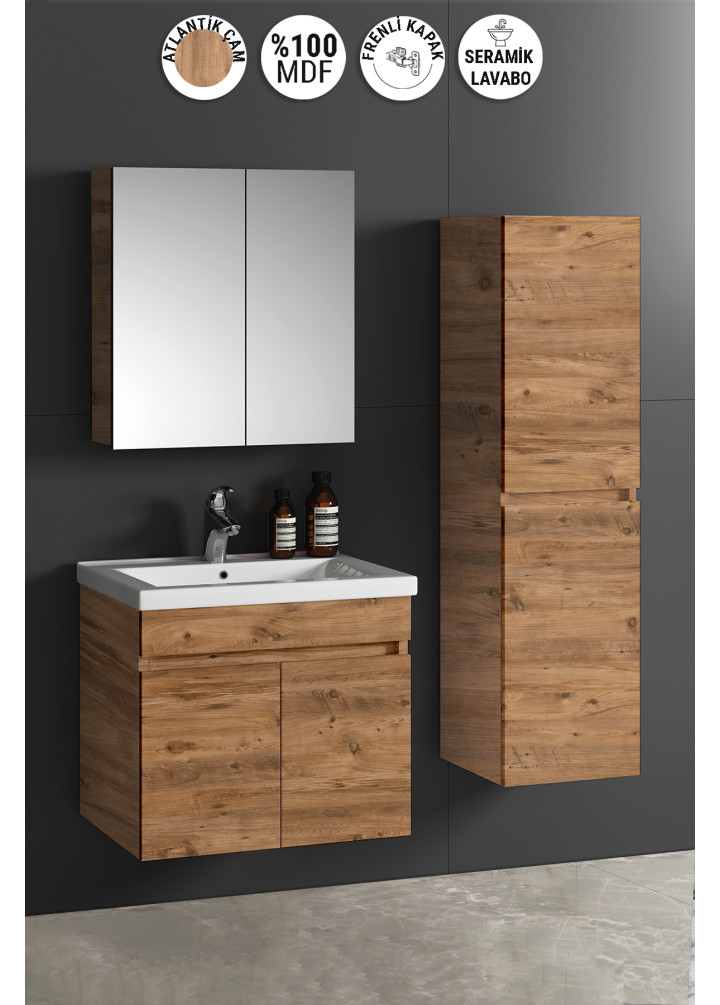 Çiğdem 55+35 cm Atlantik Çam MDF Seramik Lavabolu Asma Banyo Dolabı Takımı