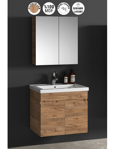 Çiğdem 55 cm Atlantik Çam MDF Seramik Lavabolu Asma Banyo Dolabı Takımı