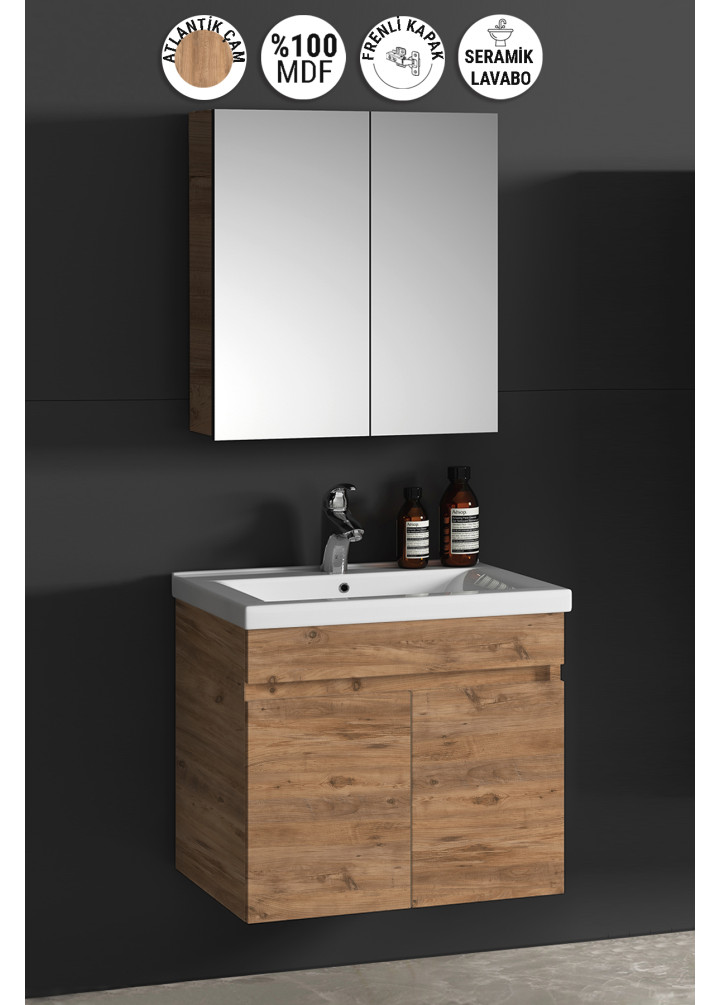 Çiğdem 55 cm Atlantik Çam MDF Seramik Lavabolu Asma Banyo Dolabı Takımı