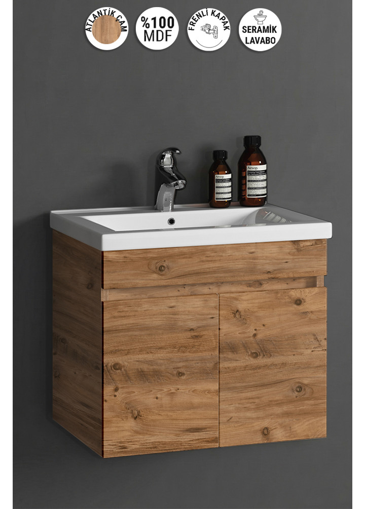 Çiğdem 55 cm Atlantik Çam MDF Seramik Lavabolu Asma Banyo Alt Dolabı