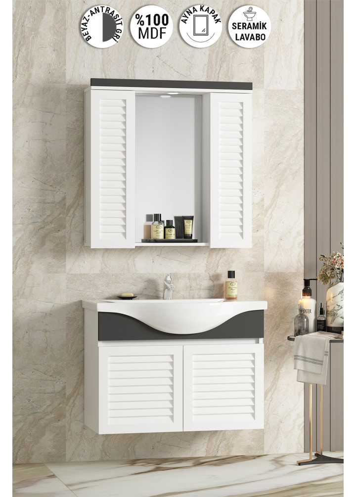 Lilyum 80 cm Beyaz-Antrasit Gri Mat MDF Panjur Balon Kapak Seramik Lavabolu Asma Banyo Dolabı Takımı
