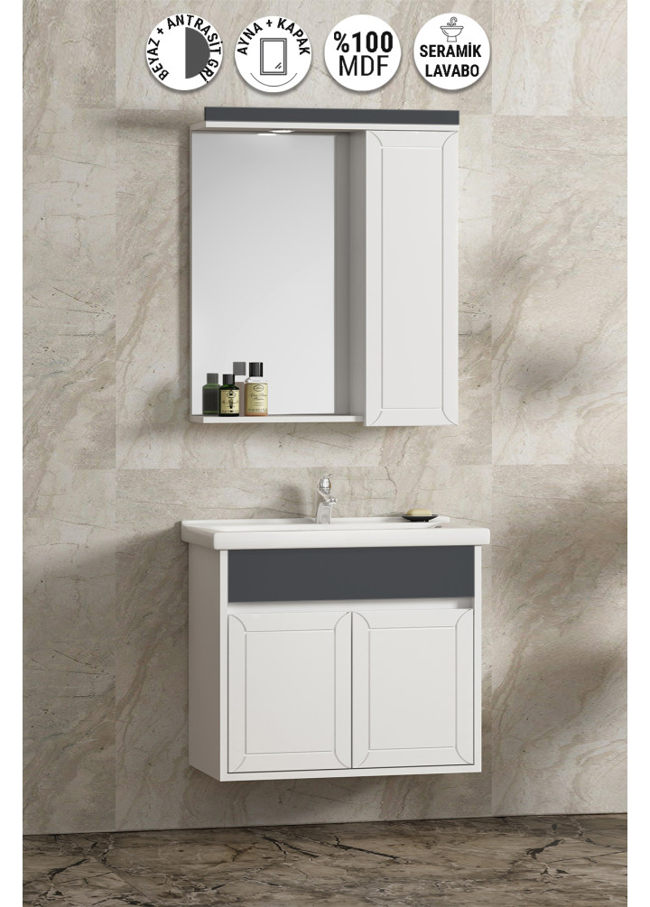 Çuha 55 cm Beyaz-Antrasit Gri Mat MDF Pk-109 Balon Kapak Seramik Lavabolu Asma Banyo Dolabı Takımı