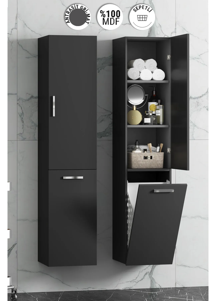 35 CM YENİ BOY DOLAP MDF ANTRASİT GRİ MAT SEPETLİ