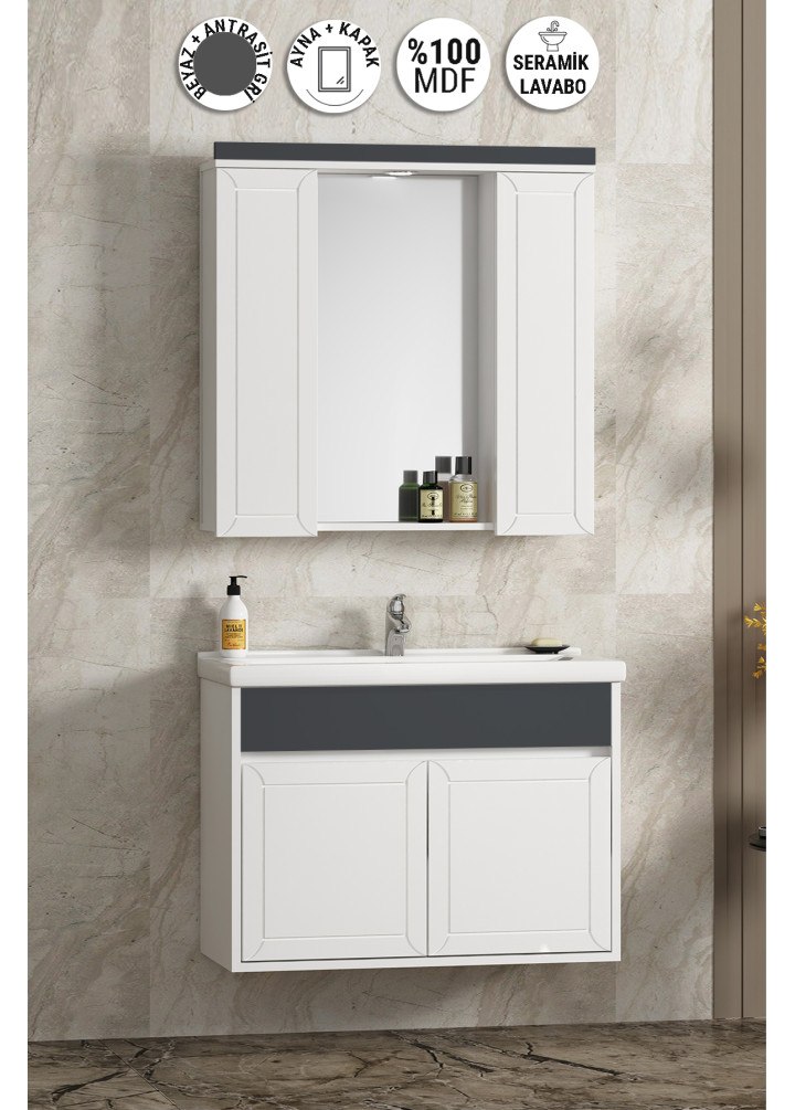 Çuha 80 cm Beyaz-Antrasit Gri Mat MDF Pk-109 Balon Kapak Seramik Lavabolu Asma Banyo Dolabı Takımı