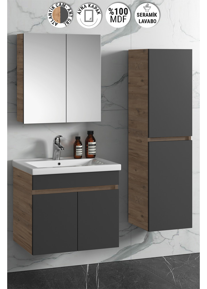 Çiğdem 55+35 cm Antrasit Gri Mat-Atlantik Çam MDF Seramik Lavabolu Asma Banyo Dolabı Takımı