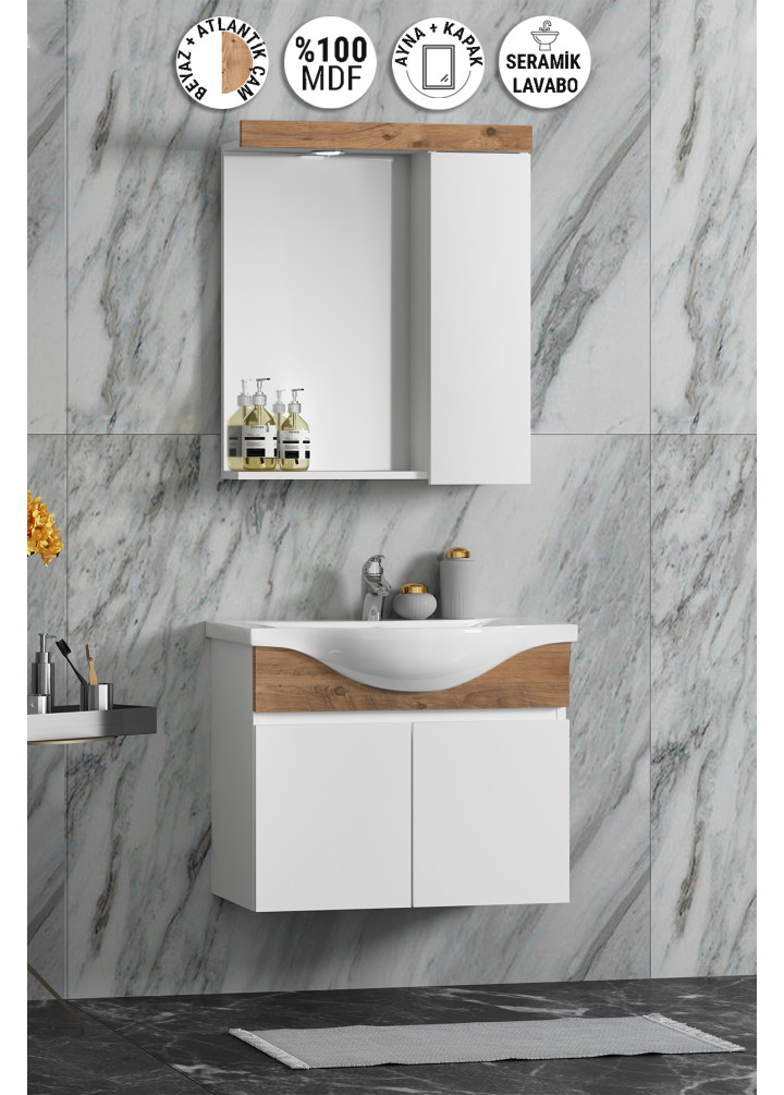 Yıldız 55 cm Beyaz-Panel-Taç Atlantik Çam MDF Seramik Lavabolu Spotlu Asma Banyo Dolabı Takımı