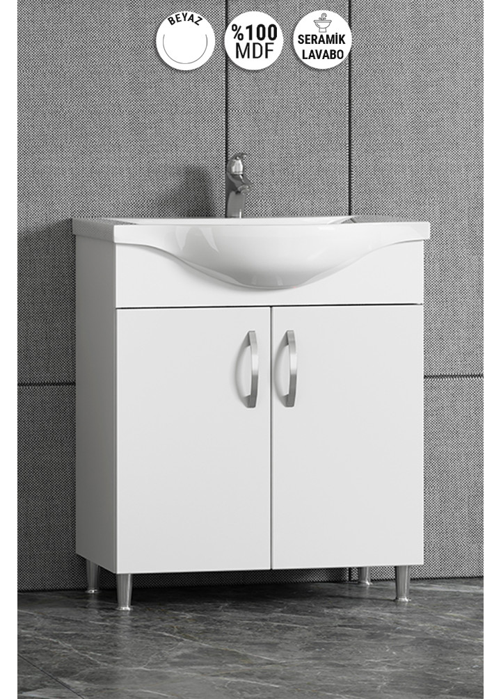 Yıldız 55 cm Beyaz MDF Seramik Lavabolu Ayaklı Kulplu Banyo Alt Dolabı