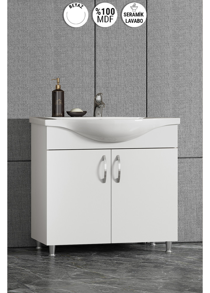 Yıldız 75 cm Beyaz MDF Seramik Lavabolu Ayaklı Kulplu Banyo Alt Dolabı