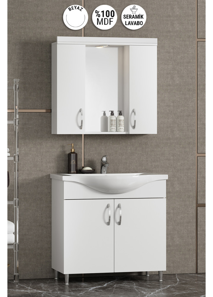 Yıldız 75 cm Beyaz MDF Seramik Lavabolu Ayaklı Kulplu Banyo Dolabı Takımı