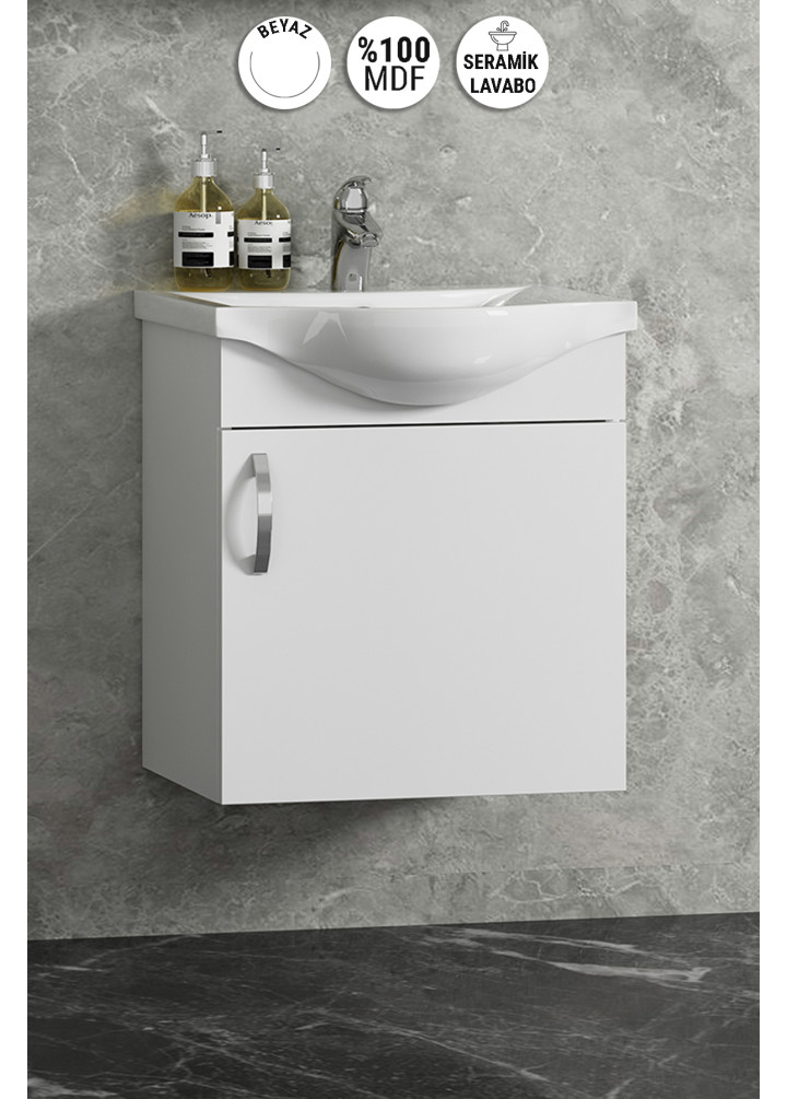 Yıldız 45 cm Beyaz MDF Seramik Lavabolu Asma Kulplu Alt Banyo Dolabı