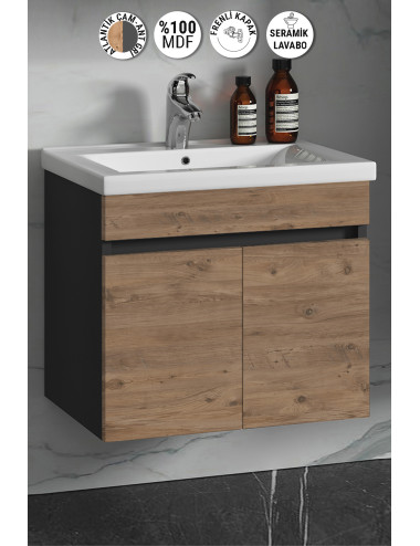 Çiğdem 65 cm Antrasit Gri Mat-Atlantik Çam MDF Seramik Lavabolu Asma Banyo Alt Dolabı