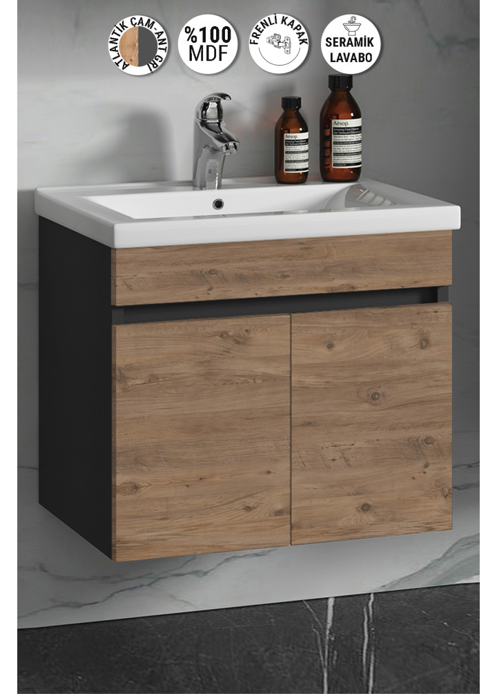 Çiğdem 65 cm Antrasit Gri Mat-Atlantik Çam MDF Seramik Lavabolu Asma Banyo Alt Dolabı