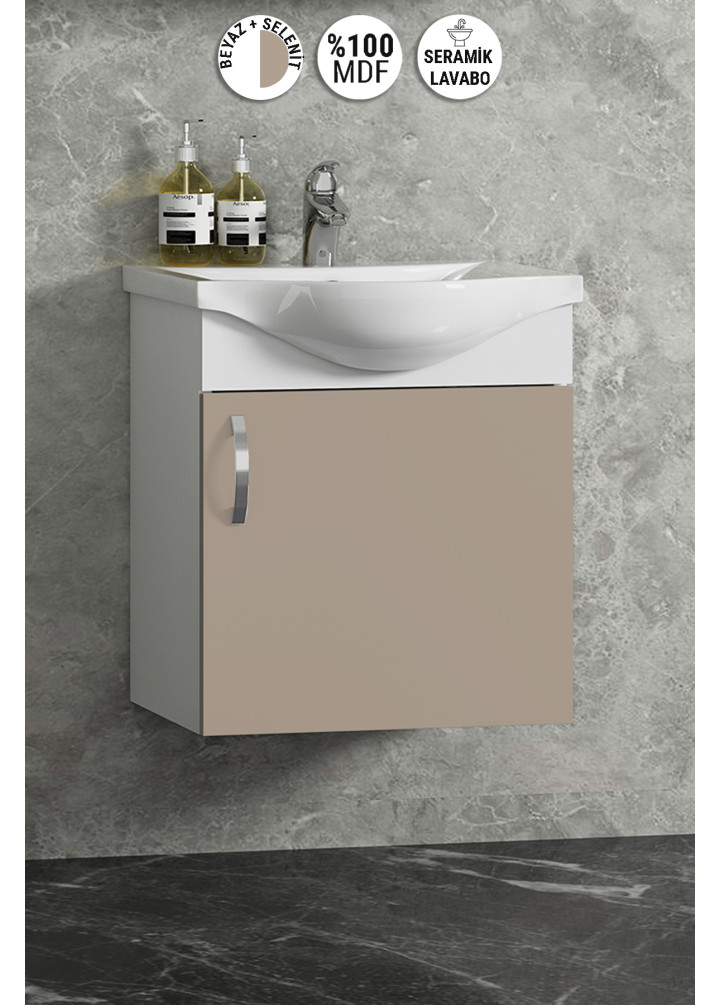 Yıldız 45 cm Beyaz-Selenit MDF Seramik Lavabolu Asma Kulplu Banyo Alt Dolabı