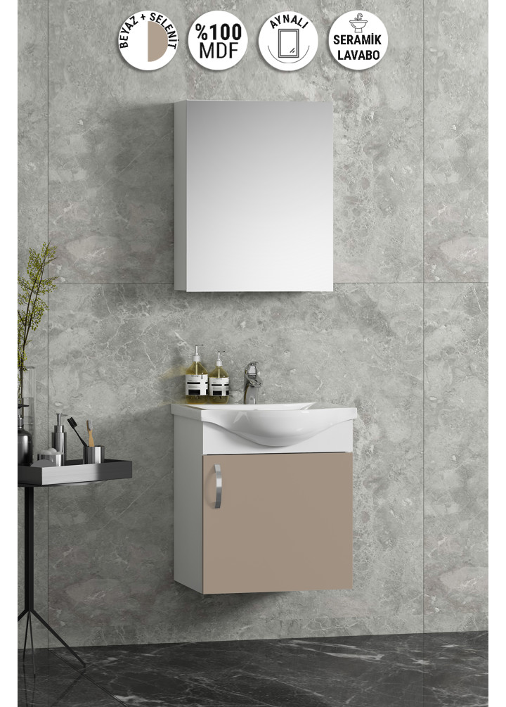 Yıldız 45 cm Beyaz-Selenit MDF Seramik Lavabolu Asma Kulplu Banyo Dolabı Takımı
