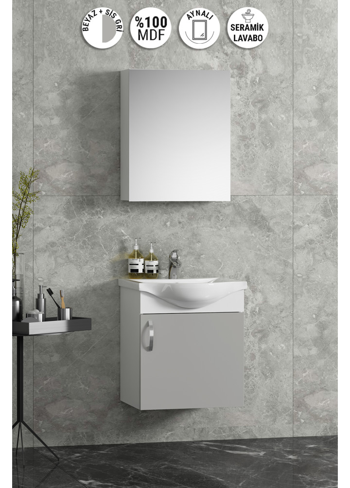 Yıldız 45 cm Beyaz-Sis Gri MDF Seramik Lavabolu Asma Kulplu Banyo Dolabı Takımı