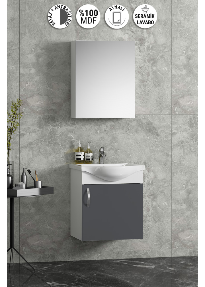 Yıldız 45 cm Beyaz-Antrasit Gri Mat MDF Seramik Lavabolu Asma Kulplu Banyo Dolabı Takımı