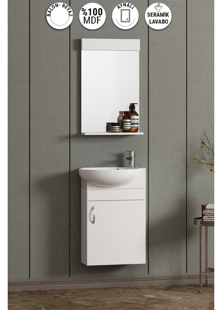 Lale 45 cm Beyaz MDF Seramik Lavabolu Asma Banyo Dolabı Takımı
