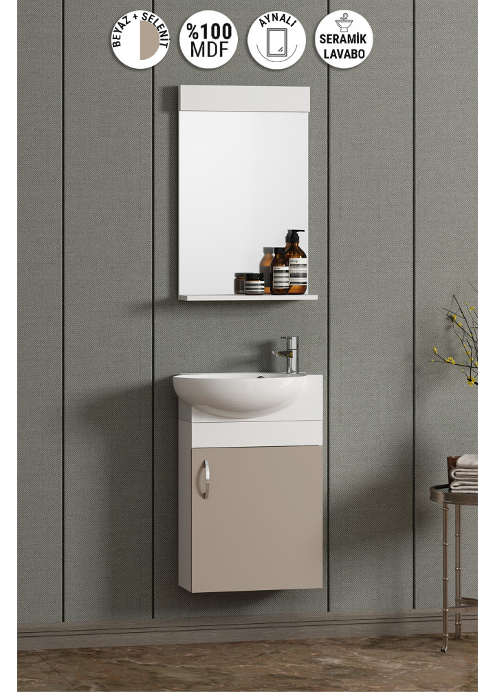 Lale 45 cm Beyaz-Selenit MDF Seramik Lavabolu Asma Banyo Dolabı Takımı