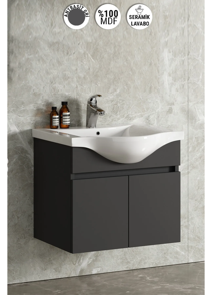 55 CM YILDIZ ALT DOLAP ASMA MDF KOMPLE ANTRASİT GRİ MAT