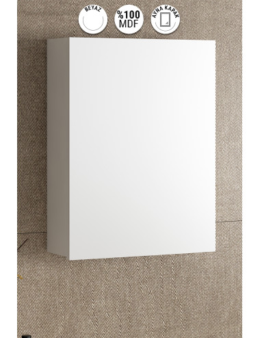 Çiğdem 55 cm Beyaz MDF Tek Kapaklı Aynalı Asma Banyo Üst Dolabı