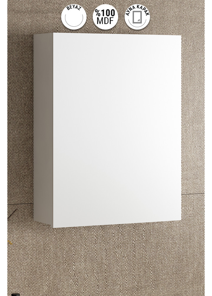 Çiğdem 55 cm Beyaz MDF Tek Kapaklı Aynalı Asma Banyo Üst Dolabı