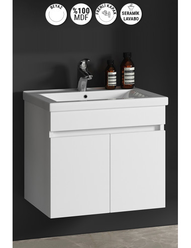 Çiğdem 55 cm Beyaz MDF Seramik Lavabolu Asma Banyo Alt Dolabı