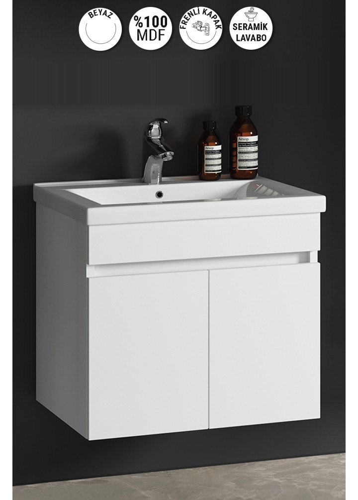 Çiğdem 55 cm Beyaz MDF Seramik Lavabolu Asma Banyo Alt Dolabı