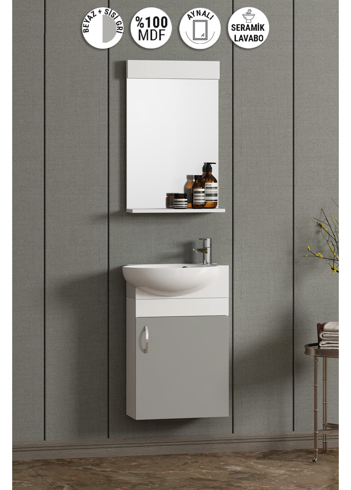 Lale 45 cm Beyaz-Sis Gri MDF Seramik Lavabolu Asma Banyo Dolabı Takımı