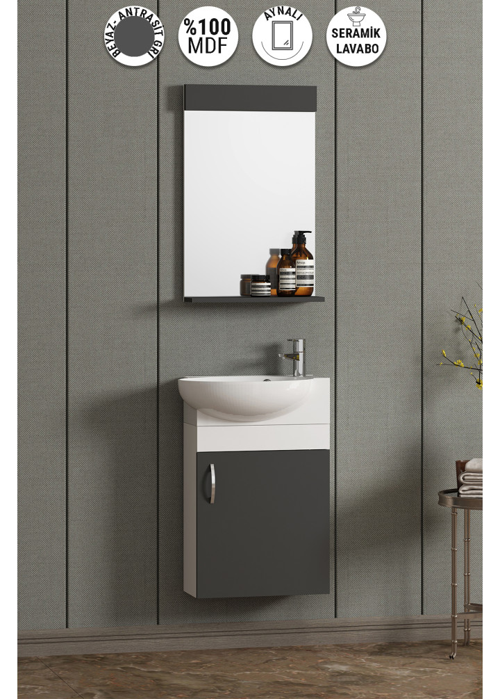 Lale 45 cm Beyaz-Antrasit Gri Mat MDF Seramik Lavabolu Asma Banyo Dolabı Takımı